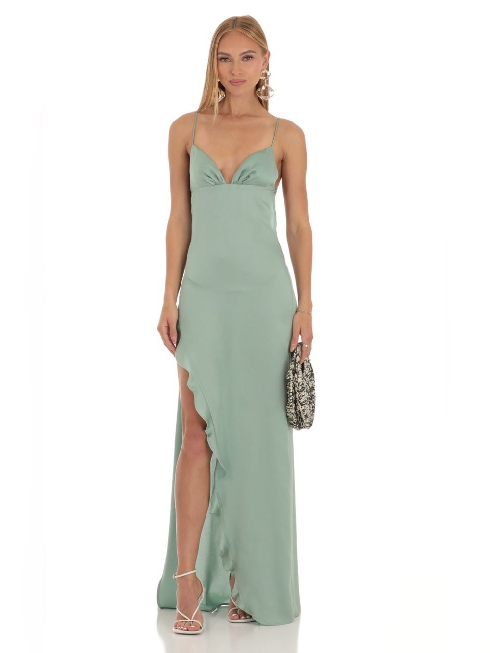 Lucy in the Sky Sage Green Ruffle-Slit Slip Maxi Dress
